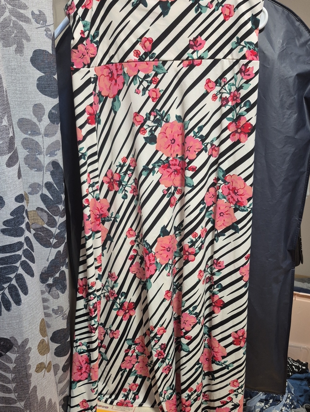 LuLaRoe Pink Floral on Black & White Striped Maxi Skirt
